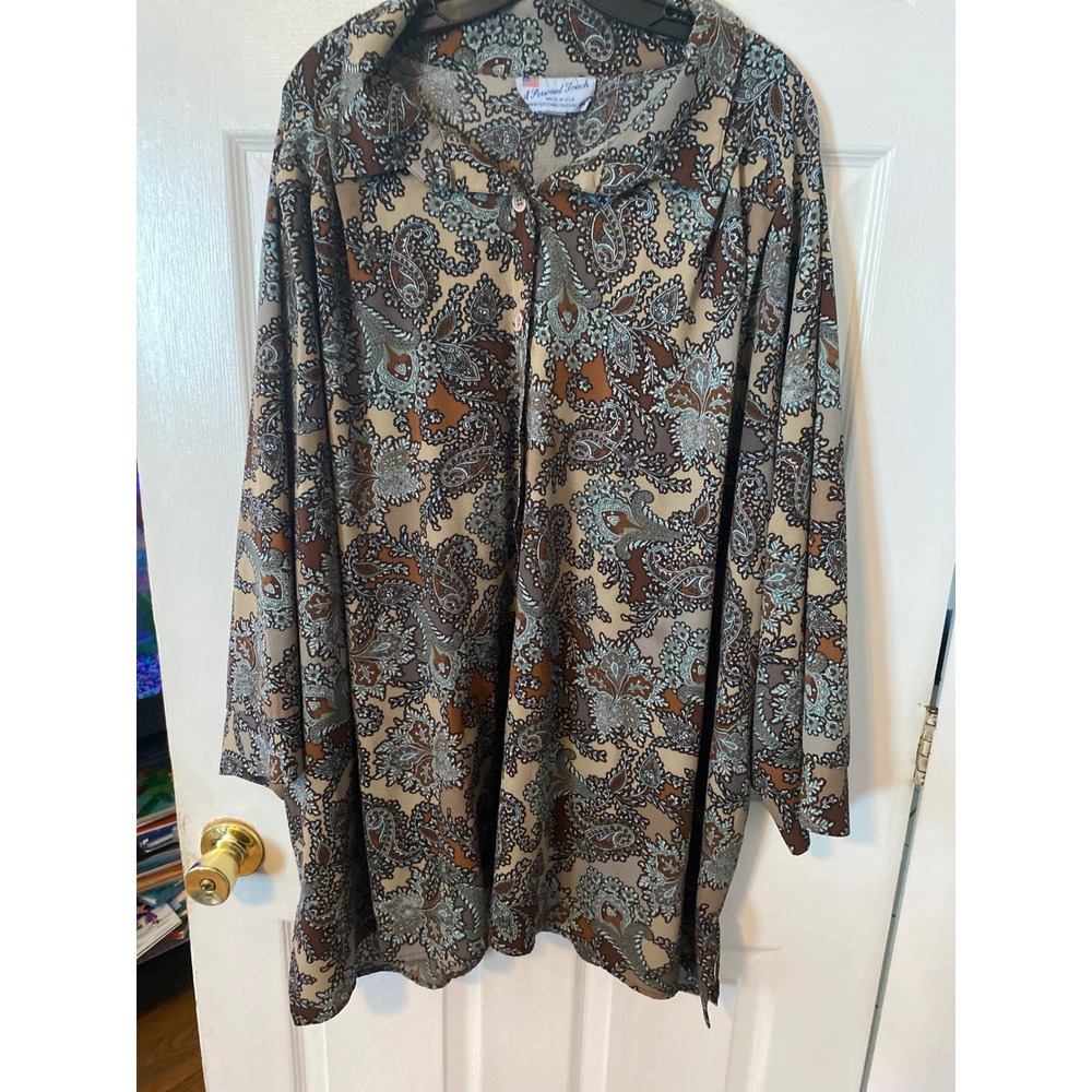 A Personal Touch Womens 6X Paisley Blouse Brown Teal Long Sleeve Button Down USA